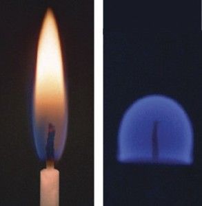 Мал. 3. Полум'я свічки за нормальних умов (лівруч) та у невагомості (праворуч)